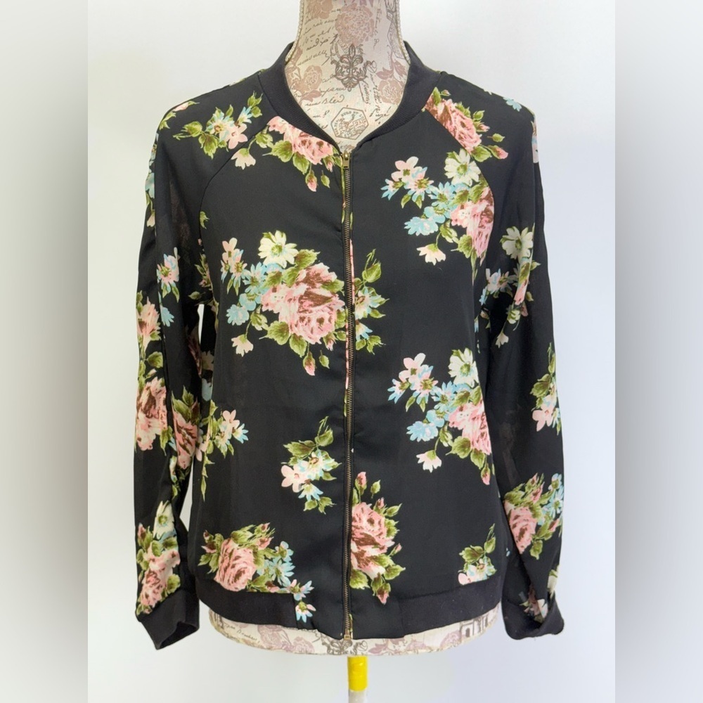 LIVE 4 TRUTH Black and Pink floral lightweight bomber jacket size M